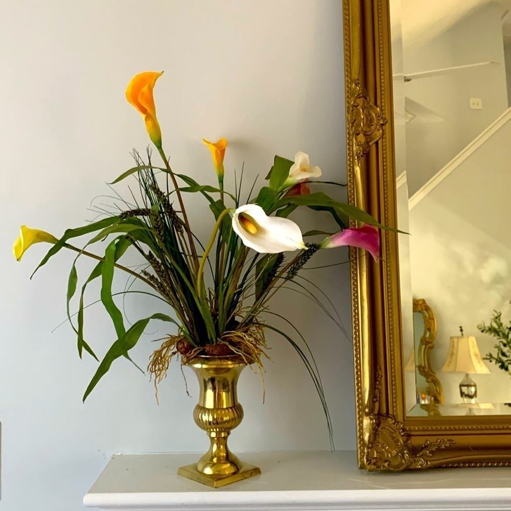 Brass pedestal‎ vase calla Lilly arrangements dry and faux greenery home decor